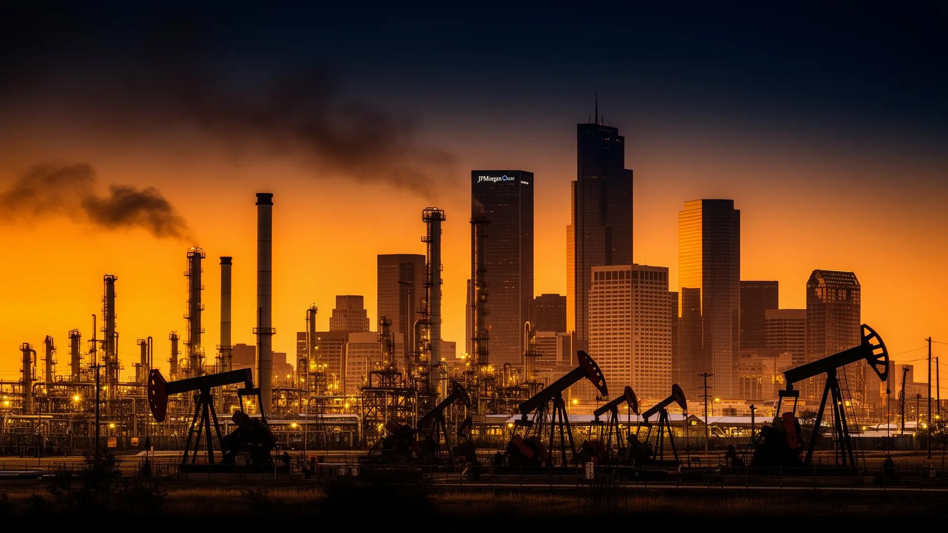 Houston skyline at sunset with oil refineries and pump jacks — the Energy Capital of the World